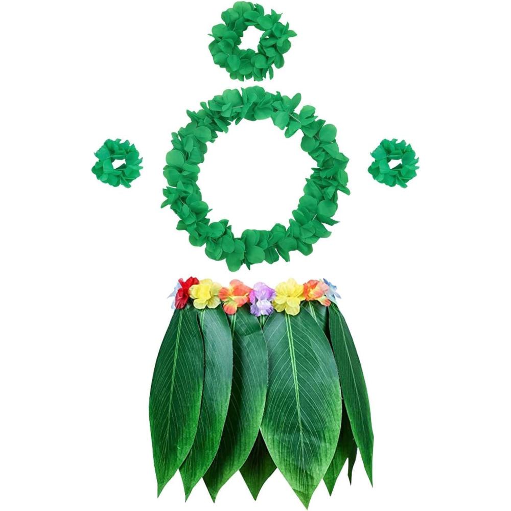 imageLot de 5 Feuille Hula Jupe et Hawaiian Leis Costume Hawaen de Fantaisie pour Plage Luau Party Modle 1Vert Fonc