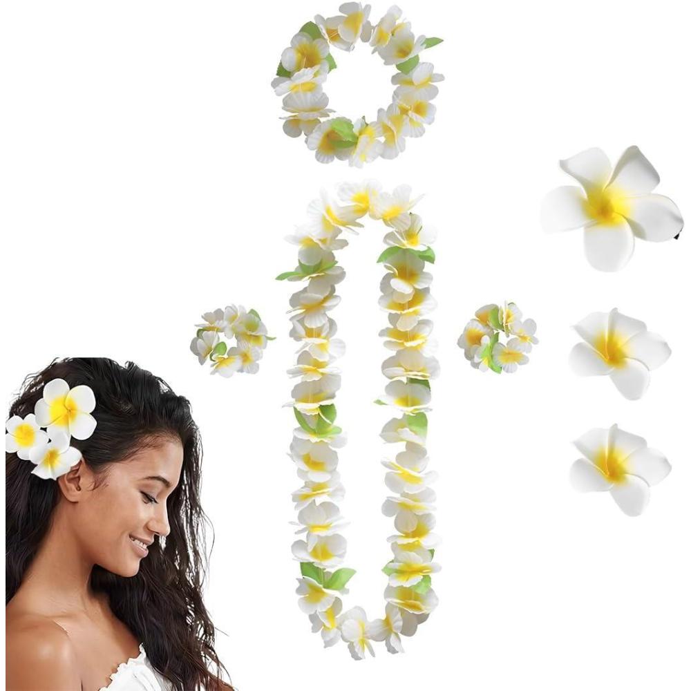 imageLuau Lot de 7 chanes de fleurs dcoratives avec collier bandeau bracelet pinces cheveux guirlande de fleurs pour fte hawaenne plage mariage blanc