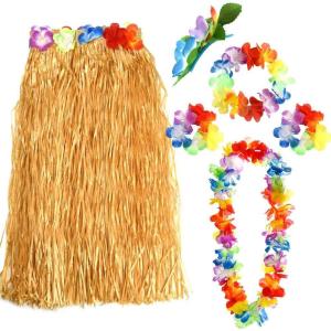 FEPITO 5 Ensemble 25 Pcs Herbe Hawaenne Hula Jupes Ensemble Inclure Fleur Leis Collier Bandeau Bracelets Luau Tropical Luau Fte D&rsquo;anniversaire Fournitures(1 lot)