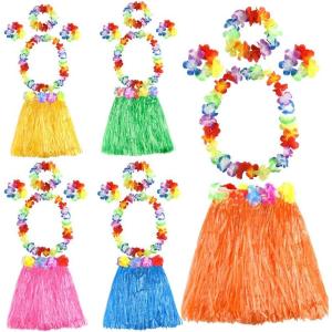 FEPITO 5 Ensemble 25 Pcs Herbe Hawaenne Hula Jupes Ensemble Inclure Fleur Leis Collier Bandeau Bracelets Luau Tropical Luau Fte D&rsquo;anniversaire Fournitures(Lot de 5)
