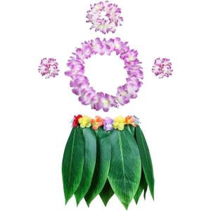 Lot de 5 Feuille Hula Jupe et Hawaiian Leis Costume Hawaïen de Fantaisie pour Plage Luau Party (Modèle 1)(Lilas)