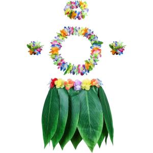 Lot de 5 Feuille Hula Jupe et Hawaiian Leis Costume Hawaïen de Fantaisie pour Plage Luau Party (Modèle 1)(Modèle 1)