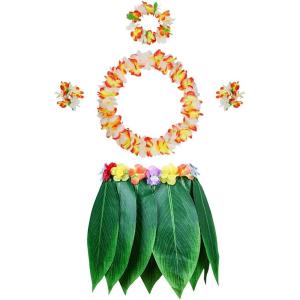 Lot de 5 Feuille Hula Jupe et Hawaiian Leis Costume Hawaïen de Fantaisie pour Plage Luau Party (Modèle 1)(Orange et Blanc)