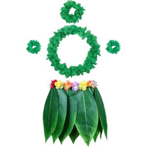 Lot de 5 Feuille Hula Jupe et Hawaiian Leis Costume Hawaïen de Fantaisie pour Plage Luau Party (Modèle 1)(Vert Foncé)