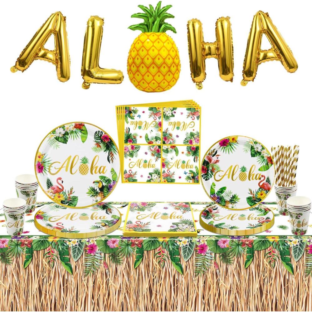 imageDcorations De Fte Luau Hawaennes Fournitures Aloha Avec Assiettes En Papier Nappe En Herbe Serviettes Gobelets En Carton Ballons Pour Lt