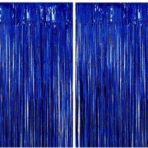 Decoration Nouvel an 2026, 2 Rideau Métallique Tinsel Or, Rideaux à Franges en Aluminium, Toile de Fond pour Photos de Fête Anniversaire, Mariage(Bleu)