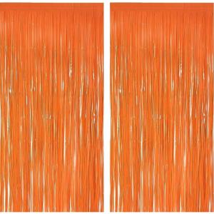 Decoration Nouvel an 2026, 2 Rideau Métallique Tinsel Or, Rideaux à Franges en Aluminium, Toile de Fond pour Photos de Fête Anniversaire, Mariage(Orange)