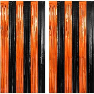 Decoration Nouvel an 2026, 2 Rideau Métallique Tinsel Or, Rideaux à Franges en Aluminium, Toile de Fond pour Photos de Fête Anniversaire, Mariage(Orange Noir)