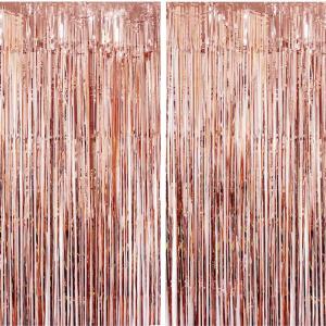 Decoration Nouvel an 2026, 2 Rideau Métallique Tinsel Or, Rideaux à Franges en Aluminium, Toile de Fond pour Photos de Fête Anniversaire, Mariage(Rosegold)