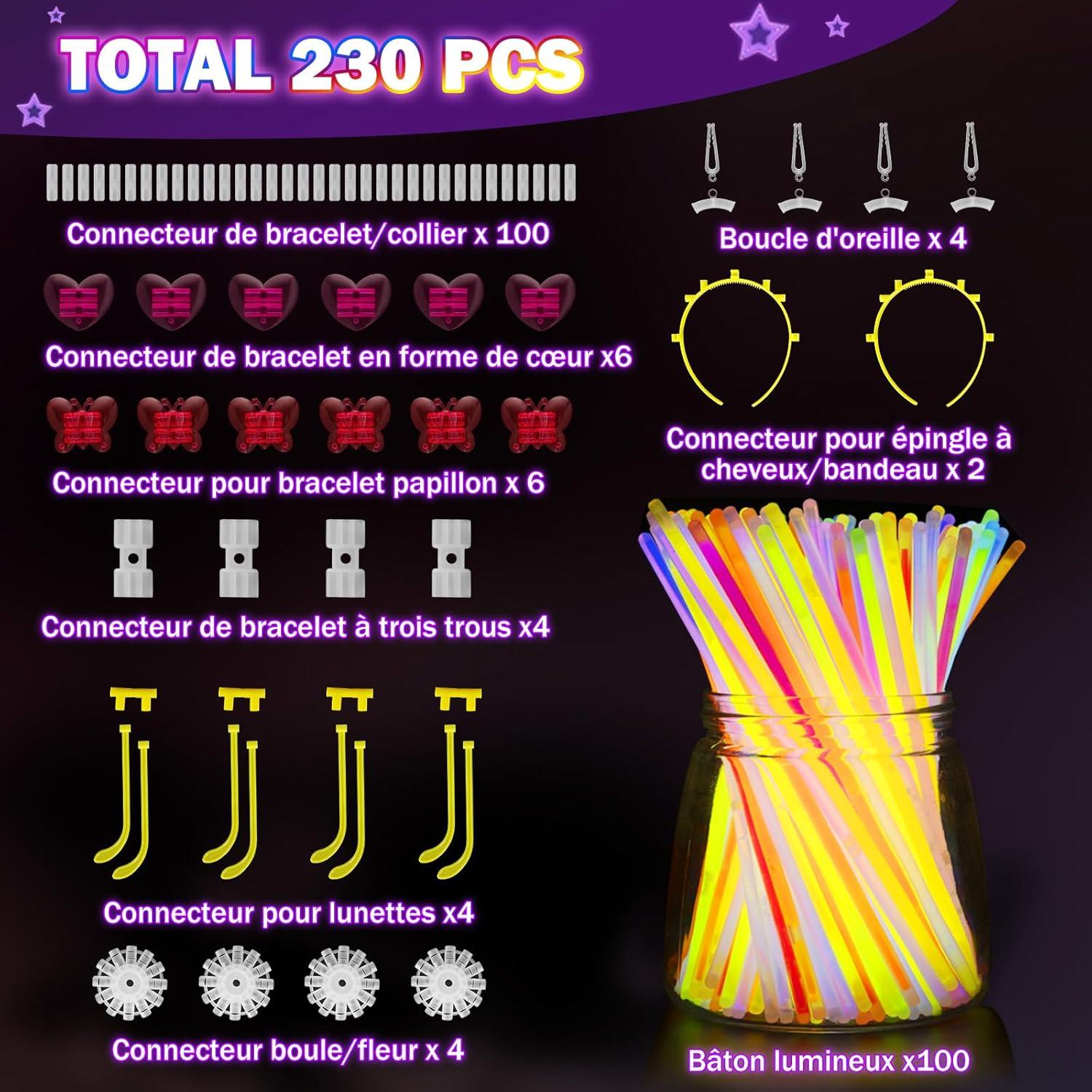 imageBracelets Fluorescents Lumineux 230 Party Pack 100 Btons Fluo ampamp 130 Connecteurs Faire des Lunettes Colliers Balles Boules pour Enfants Adultes Dcorations de Nol Cotillons Nouvel an 2026230