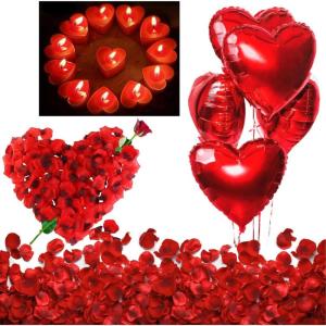 Bougies Romantiques et Pétales. 50 Bougies en Forme de Coeur + 1000 Pétales de Rose Rouges en Soie, 5 Ballons Coeur Rouges – Décoration pour Mariage, Saint Valentin et Fiançailles
