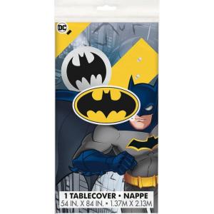 Fun Express Nappe en Plastique Batman (213,4 x 137,2 cm) 1 pièce. – Nappe de fête jetable, Parfaite pour Les Anniversaires et Les événements sur Le thème des Super-héros