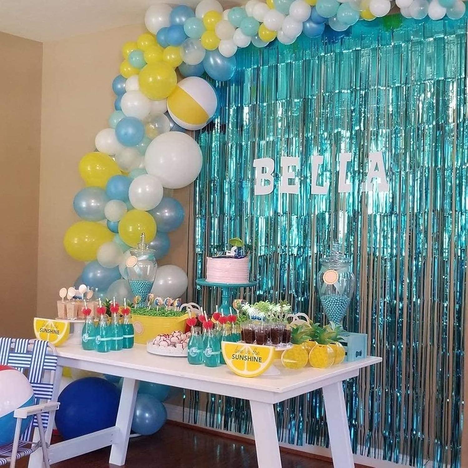 imageAisszhao 2 Rideau Mtallique Tinsel Or ChampagneRideaux Franges en Aluminium Champagne Porte Fentre DcorationToile de Fond pour Photos de Fte Champagne Or pour AnniversaireMariage dcorationBleu