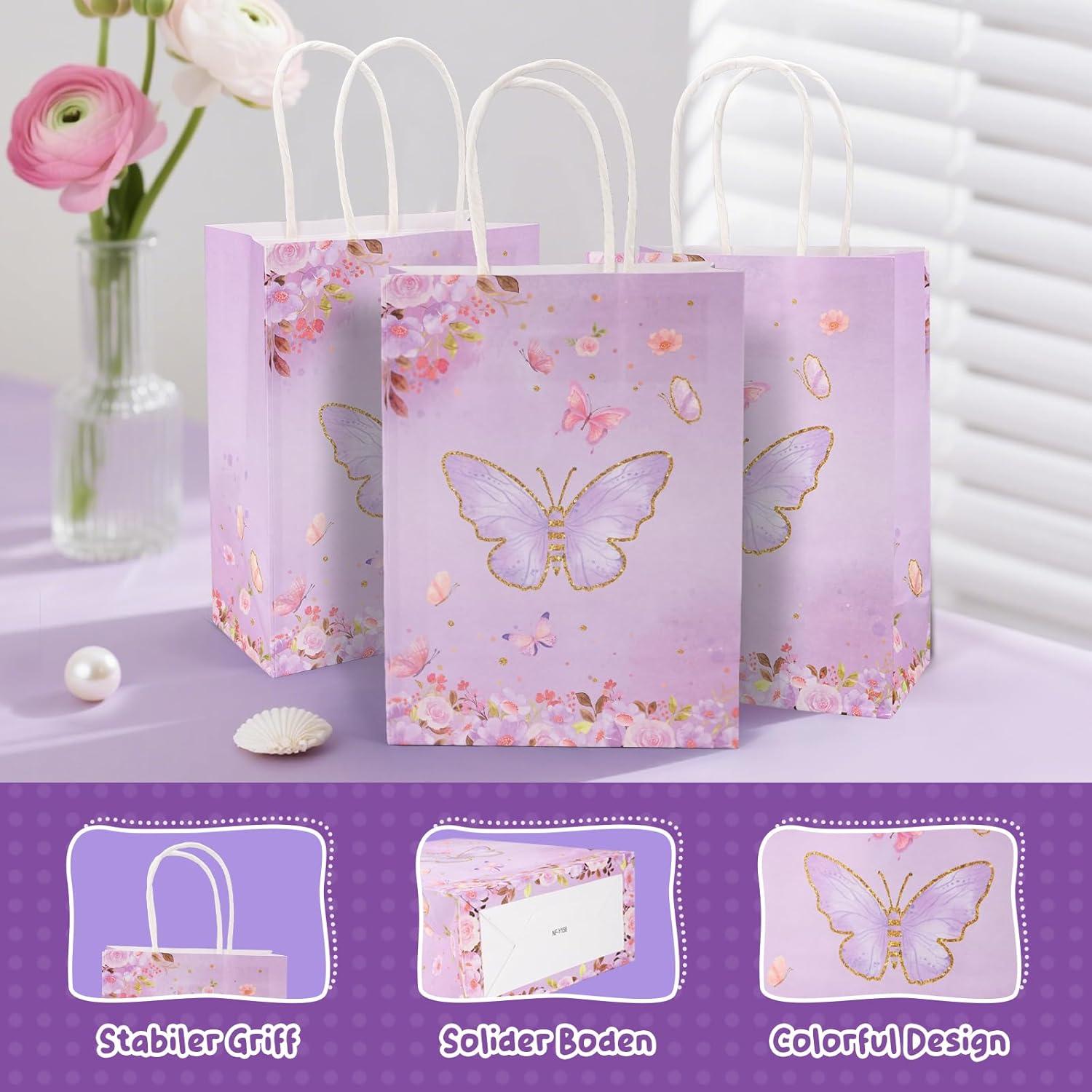 imageLot de 100 Sacs Cadeau Anniversaire Enfant Sachets Bonbon Anniversaire avec Poignes pour Garons et Filles Pochette Cadeau pour Fte Nol Mariage Baptme Faveur Goodie Bag 4 CouleursPapillon Violet