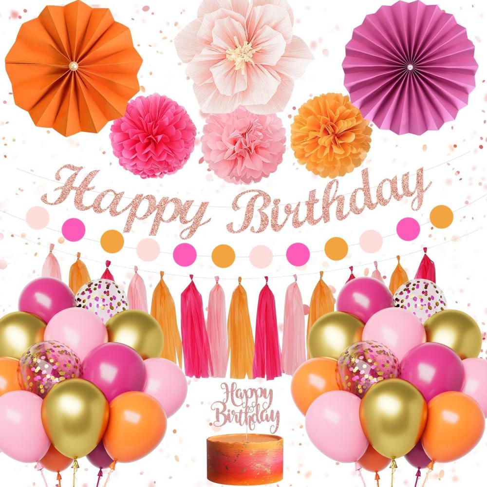 imageDecoration Anniversaire Femme Fille Ballon Anniversaire Rose et Orange Happy Birthday Bannire Dcoration de Fte Danniversaire mit Pompons en Papier pour Fille Femmes