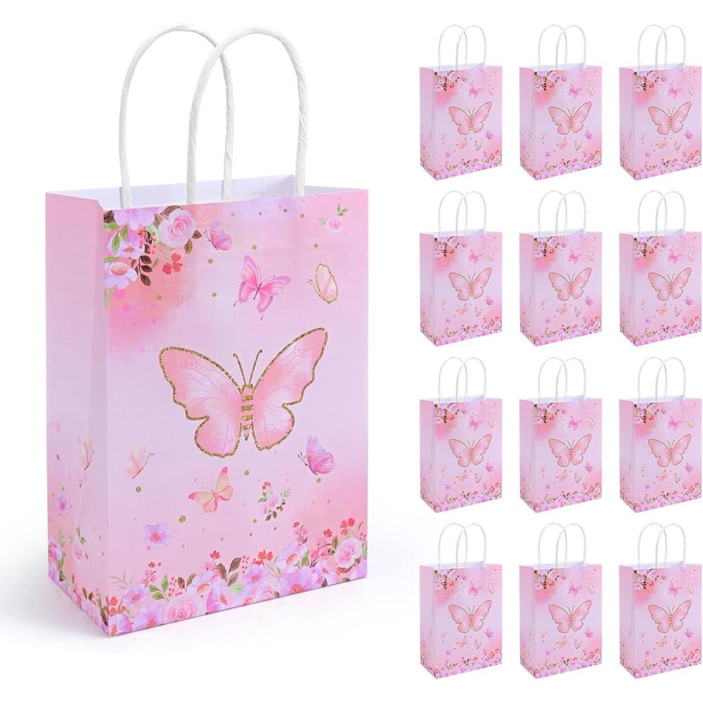 imageLot de 100 Sacs Cadeau Anniversaire Enfant Sachets Bonbon Anniversaire avec Poignes pour Garons et Filles Pochette Cadeau pour Fte Nol Mariage Baptme Faveur Goodie Bag 4 CouleursPapillon Rose
