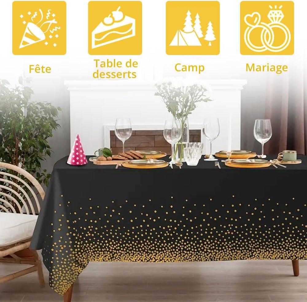 imageJonami Nappe Anniversaire Noir Or Plastique Impermable Jetable Rutilisable Table Fte 2X 137x274 cm