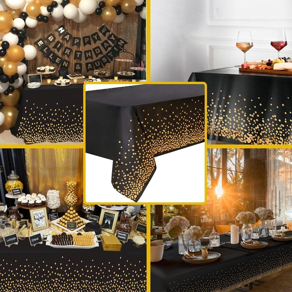 imageJonami Nappe Anniversaire Noir Or Plastique Impermable Jetable Rutilisable Table Fte 2X 137x274 cm