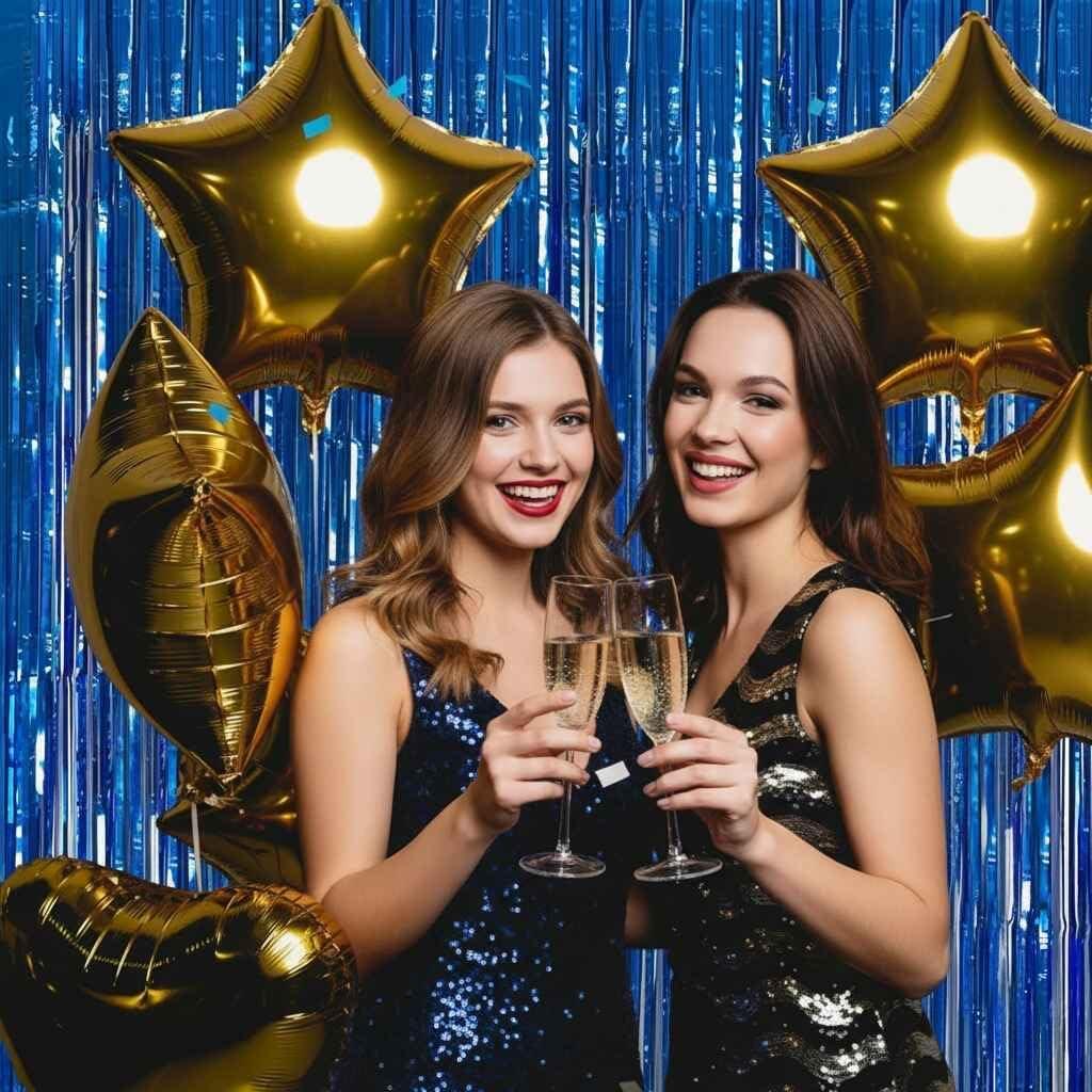 imageLot De 2 Rideaux Mtalliques Franges Tinsel Dcorations De Fte pour Anniversaire Mariage Baby Shower EVJF Nol Nouvel an 1 x 25 m NoirBleu