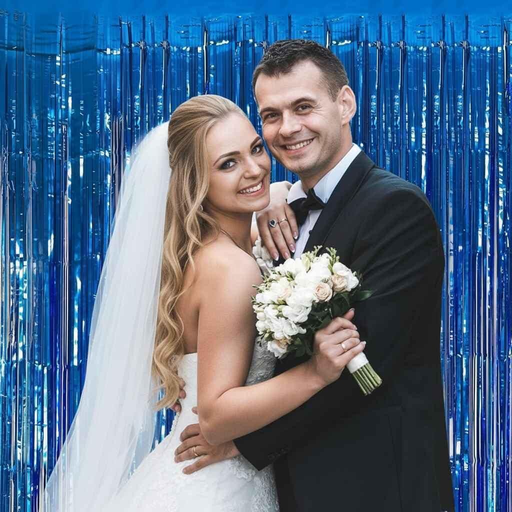 imageLot De 2 Rideaux Mtalliques Franges Tinsel Dcorations De Fte pour Anniversaire Mariage Baby Shower EVJF Nol Nouvel an 1 x 25 m NoirBleu