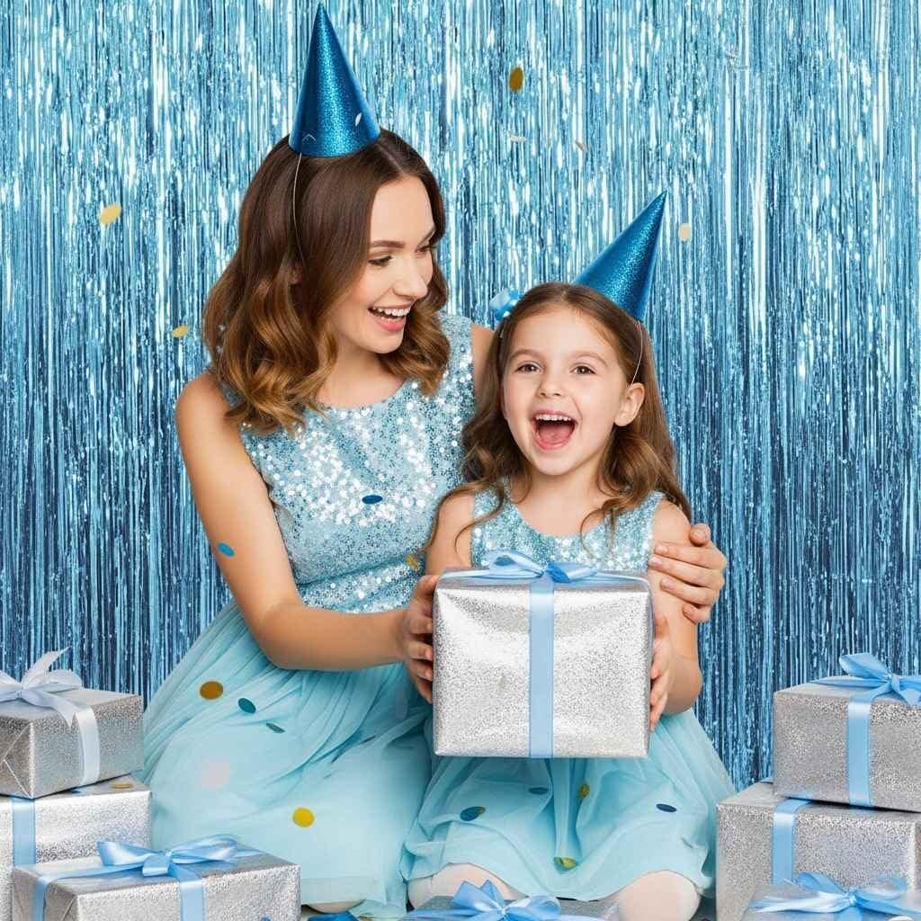imageLot De 2 Rideaux Mtalliques Franges Tinsel Dcorations De Fte pour Anniversaire Mariage Baby Shower EVJF Nol Nouvel an 1 x 25 m NoirBleu Clair