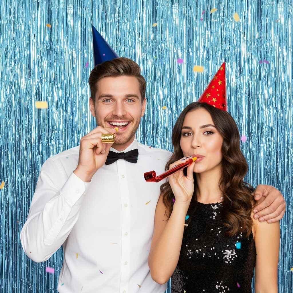 imageLot De 2 Rideaux Mtalliques Franges Tinsel Dcorations De Fte pour Anniversaire Mariage Baby Shower EVJF Nol Nouvel an 1 x 25 m NoirBleu Clair