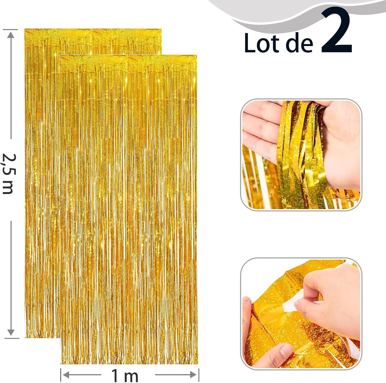imageLot De 2 Rideaux Mtalliques Franges Tinsel Dcorations De Fte pour Anniversaire Mariage Baby Shower EVJF Nol Nouvel an 1 x 25 m NoirOr