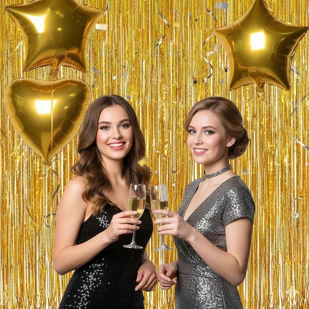 imageLot De 2 Rideaux Mtalliques Franges Tinsel Dcorations De Fte pour Anniversaire Mariage Baby Shower EVJF Nol Nouvel an 1 x 25 m NoirOr
