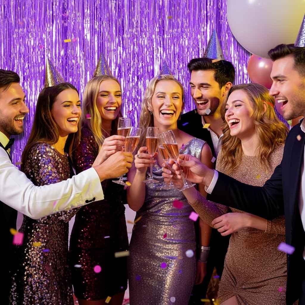 imageLot De 2 Rideaux Mtalliques Franges Tinsel Dcorations De Fte pour Anniversaire Mariage Baby Shower EVJF Nol Nouvel an 1 x 25 m NoirViolet