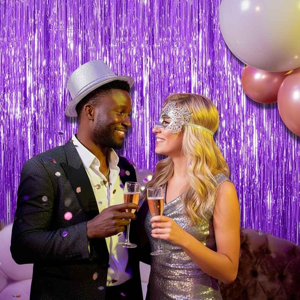 imageLot De 2 Rideaux Mtalliques Franges Tinsel Dcorations De Fte pour Anniversaire Mariage Baby Shower EVJF Nol Nouvel an 1 x 25 m NoirViolet