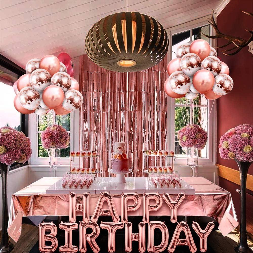 imageiZoeL Anniversaire Ballon Rose Kit Guirlande Happy Birthday Nappe Rose Or Rideau Franges 24 Ballons Confettis 4 Ballons toile et Coeur Confettis Happy BirthdayRose Gold