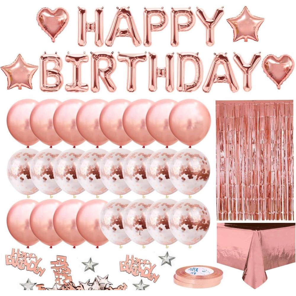 imageiZoeL Anniversaire Ballon Rose Kit Guirlande Happy Birthday Nappe Rose Or Rideau Franges 24 Ballons Confettis 4 Ballons toile et Coeur Confettis Happy BirthdayRose Gold
