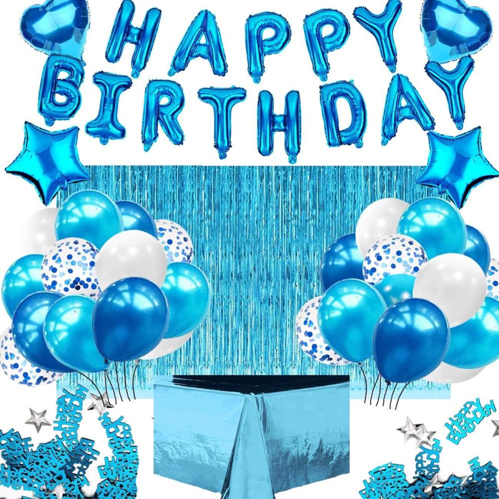 imageiZoeL Anniversaire Ballon Rose Kit Guirlande Happy Birthday Nappe Rose Or Rideau Franges 24 Ballons Confettis 4 Ballons toile et Coeur Confettis Happy BirthdayBleu