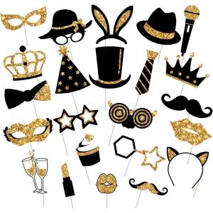 24 Pièces Accessoire Photobooth, Accessoires de Photobooth de Fête pour Fiançailles, Photo Booth Anniversaire, Accessoires Photo Drôle, pour Fête, Carnaval, Anniversaire, Noël, Mariage (Doré)(Gold)