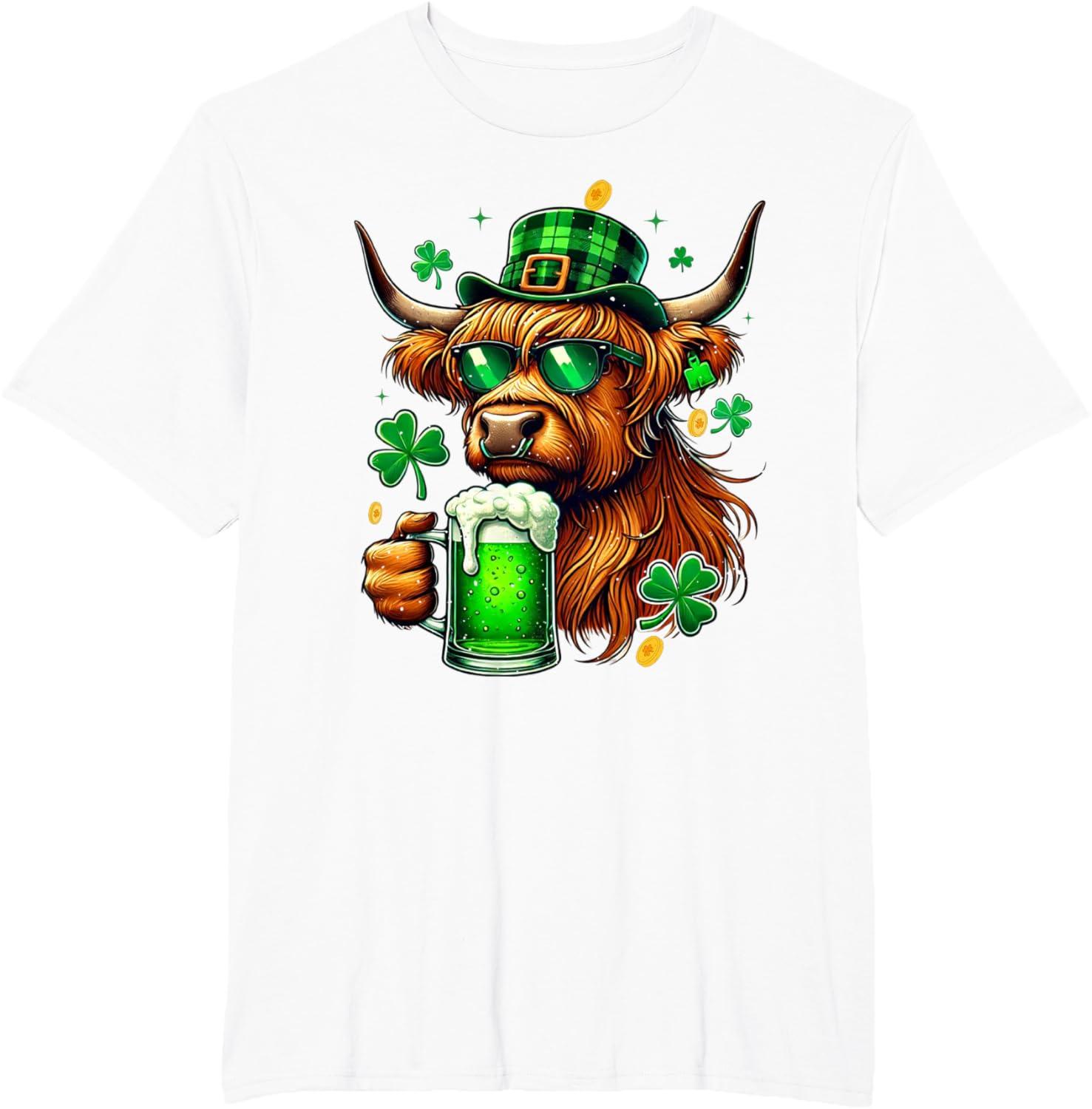 imageVache irlandaise des Highlands avec trfles St Patricks Green Beer TShirtBlanc