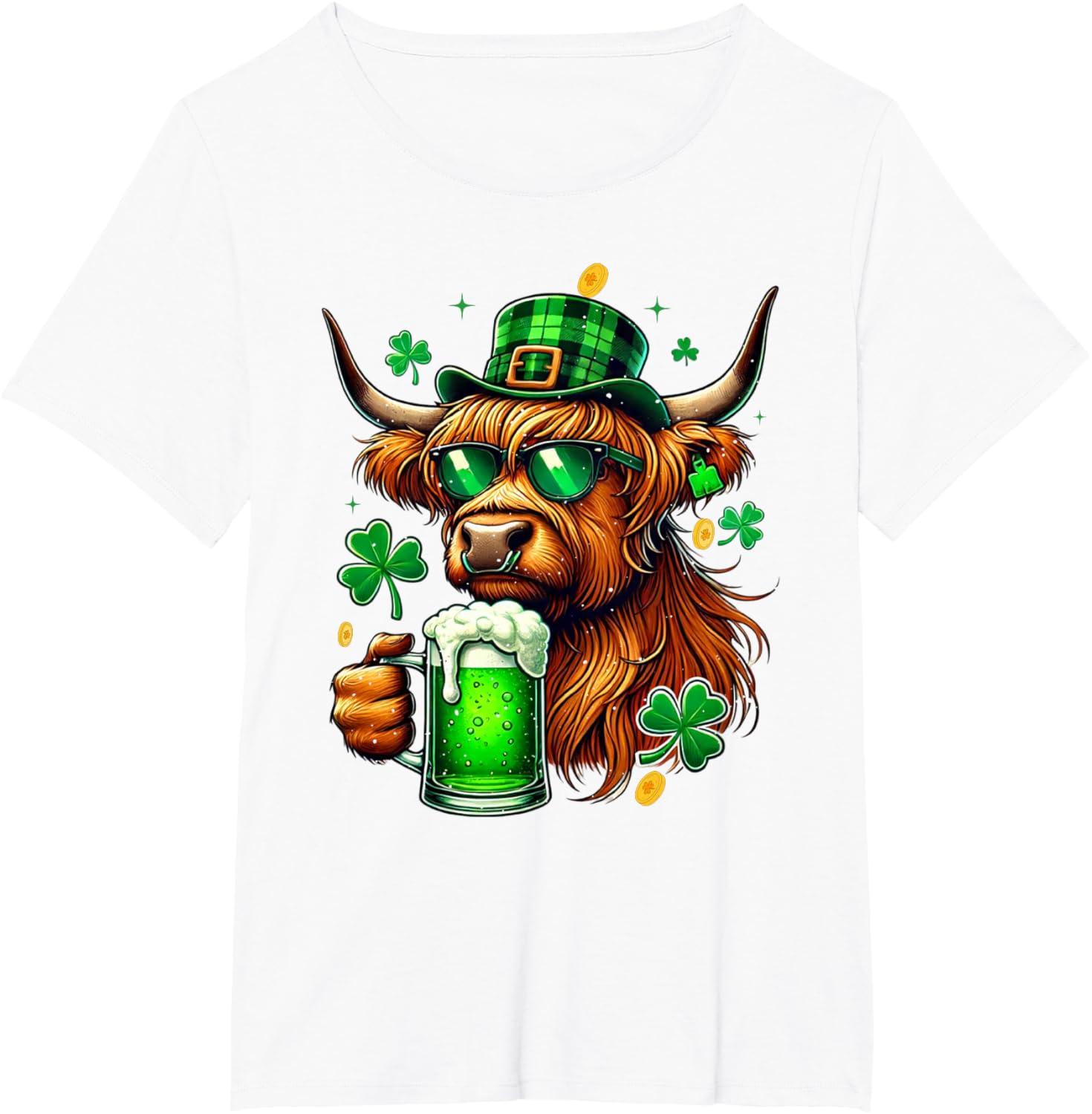 imageVache irlandaise des Highlands avec trfles St Patricks Green Beer TShirtBlanc