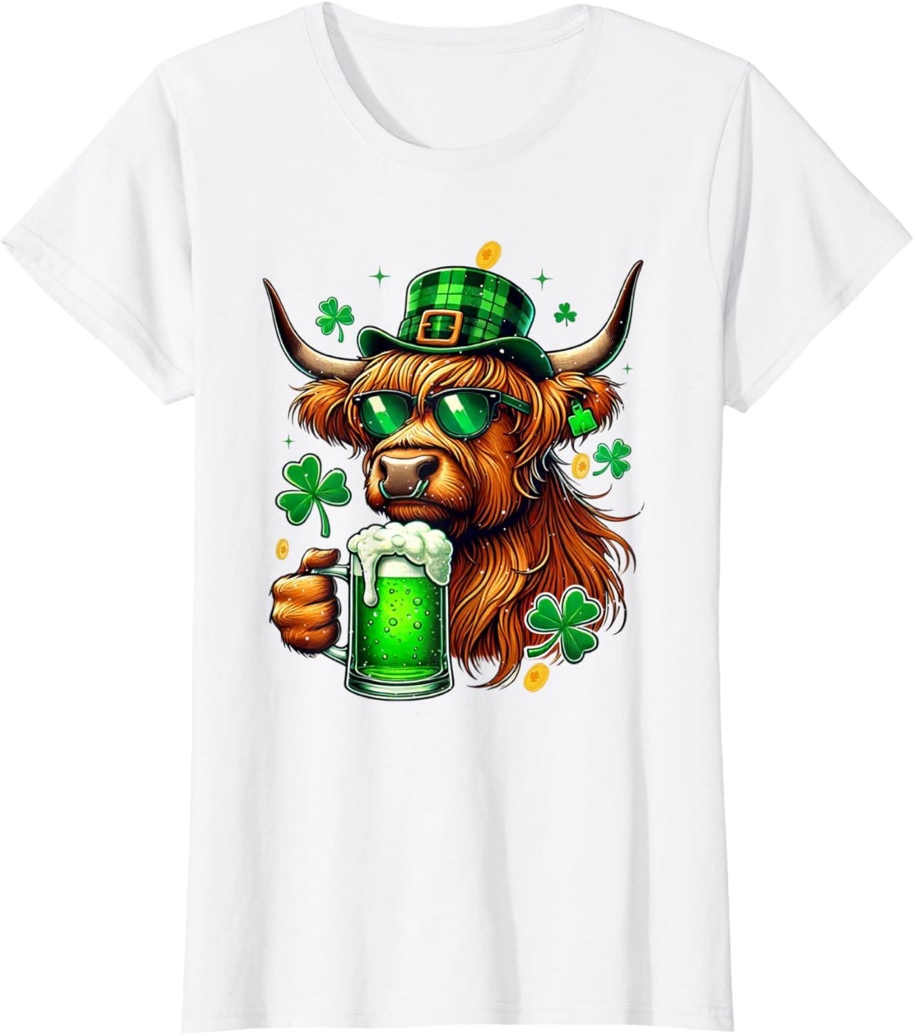 imageVache irlandaise des Highlands avec trfles St Patricks Green Beer TShirtBlanc