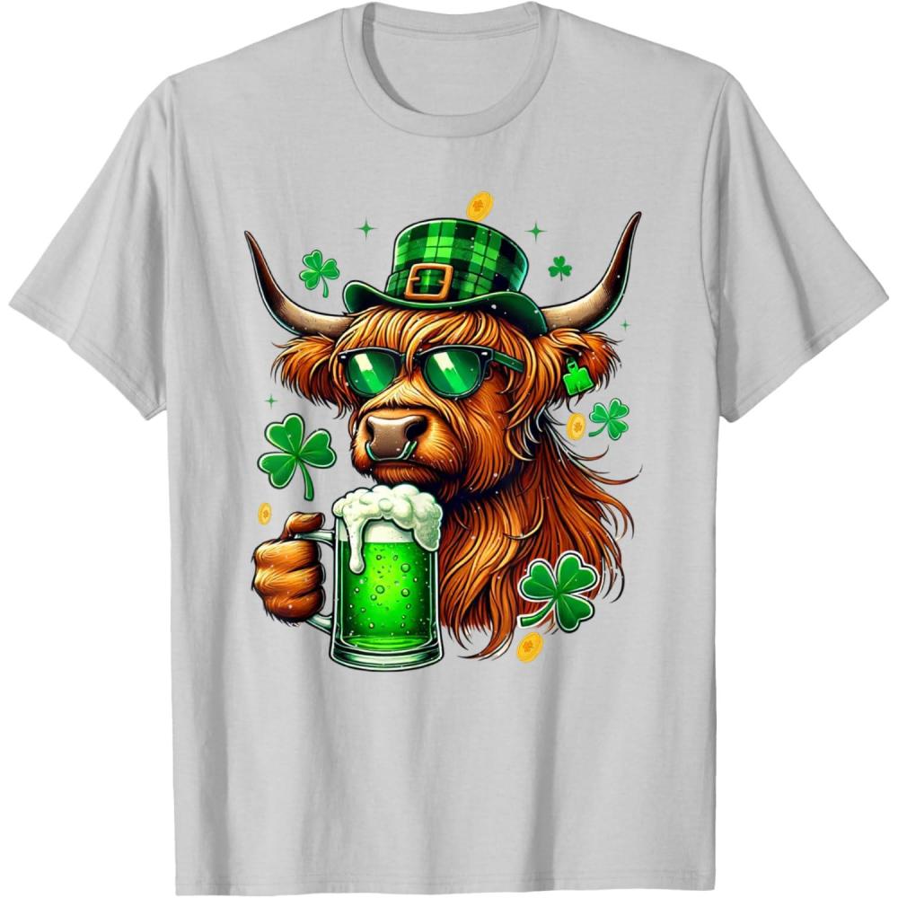 imageVache irlandaise des Highlands avec trfles St Patricks Green Beer TShirtArgent