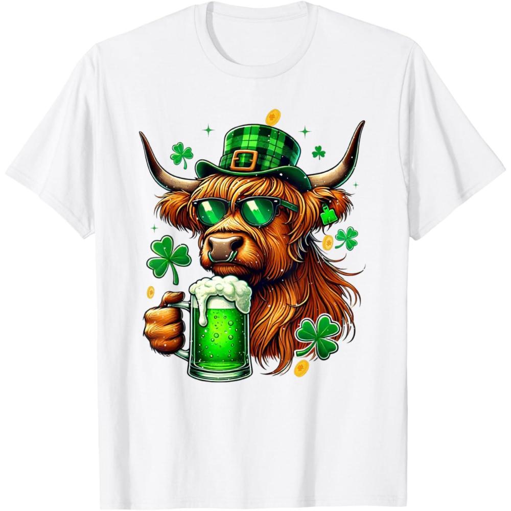 imageVache irlandaise des Highlands avec trfles St Patricks Green Beer TShirtBlanc