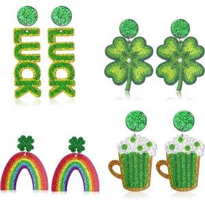 4 Pièces Boucles d&rsquo;oreilles de la Saint-Patrick, Boucles d&rsquo;oreilles Pendantes Trèfle Vert Drôle, Accessoire de Festival Irlandais pour Femmes, Boucles d&rsquo;oreilles Trèfle pour la