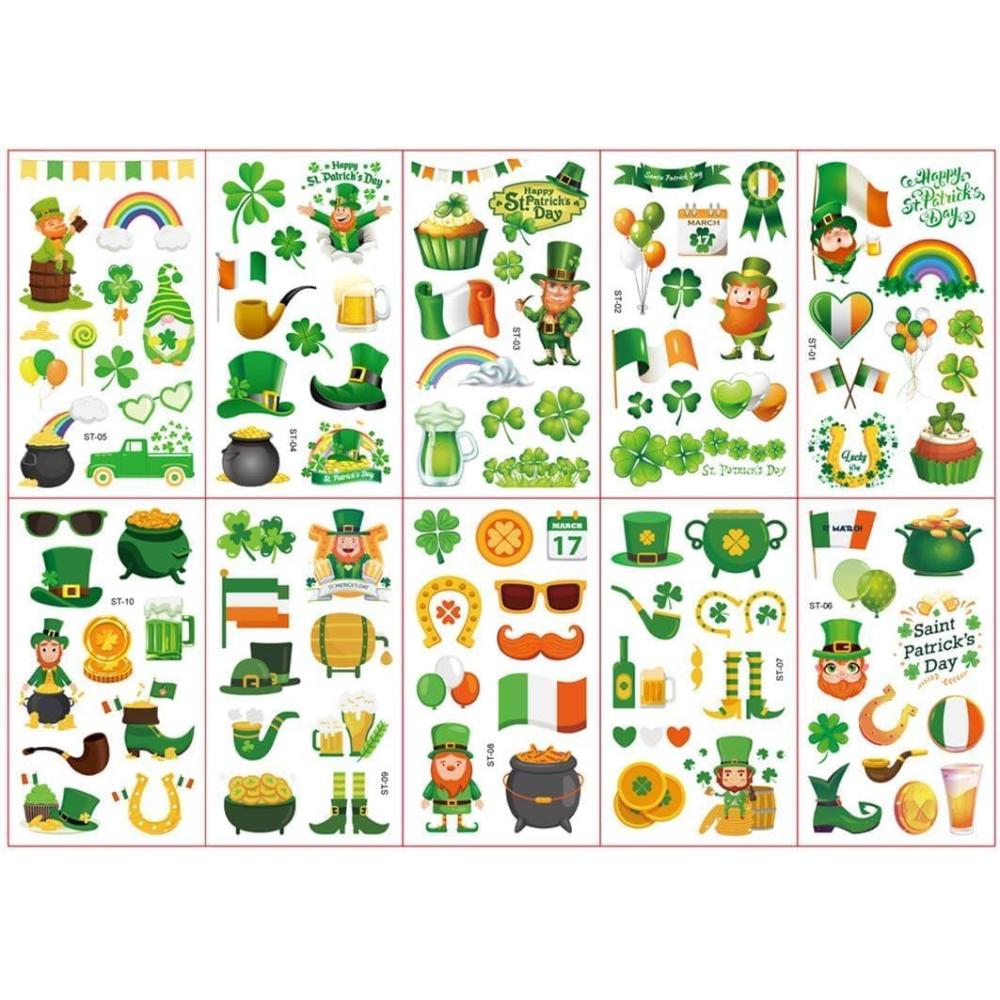 image107 Styles St Patricks Day Decorations Temporary Tattoos 10 Sheets St Patricks Day Tattoo Stickers Shamrock Leprechaun Hat Irish Flags Irish Party Supplies St Patricks Day Accessories