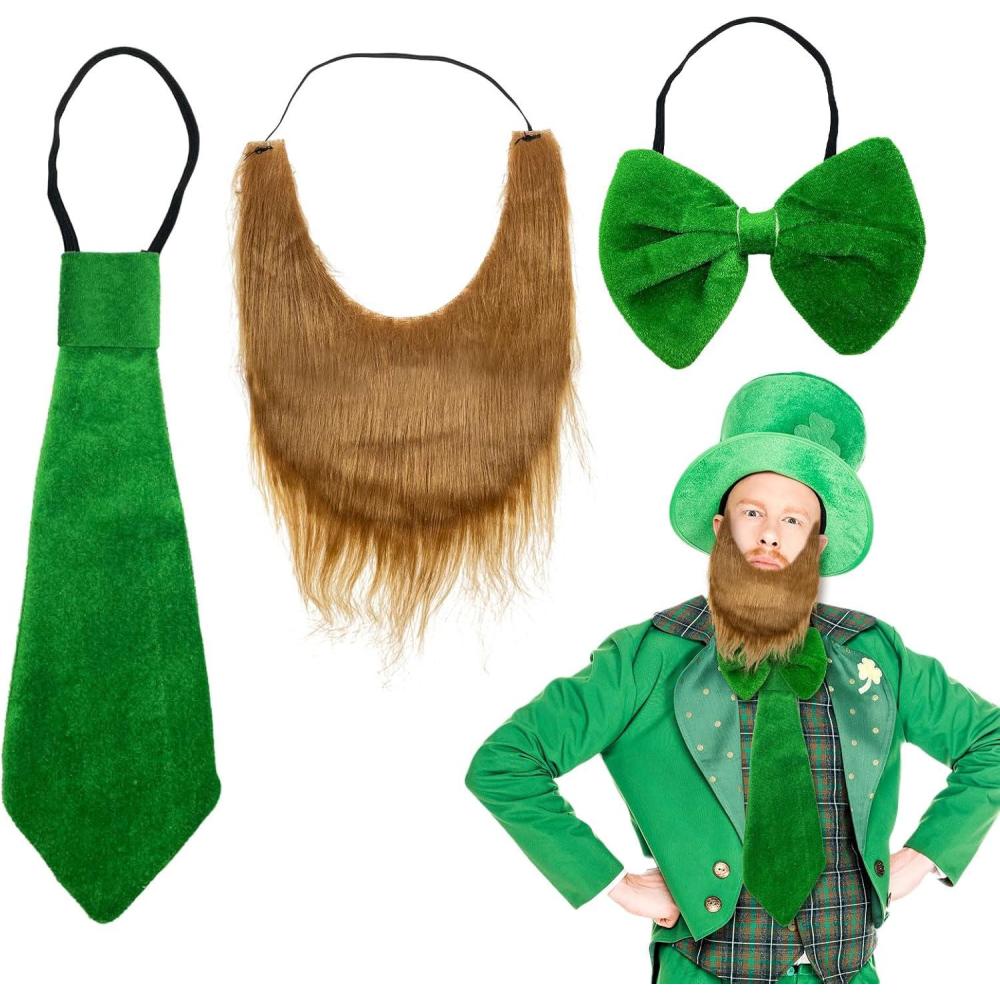imageLot de 3 accessoires de robe verte dcorations de costume de la SaintPatrick costume de leprechaun nud papillon accessoires de costume de barbe accessoire rtro pour homme et femmeVert