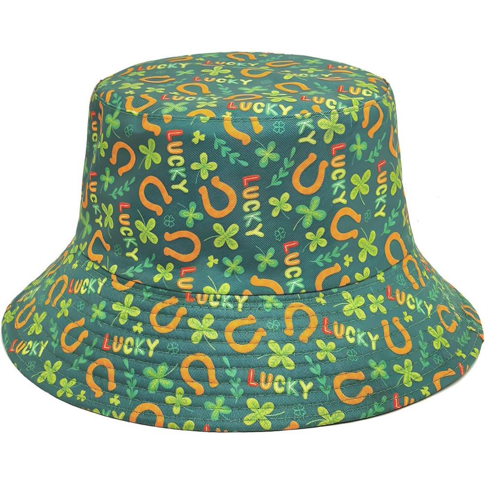imageYAMEIZE St Patricks Day Chapeau  Vertes  Leaf pour Femmes Hommes Chapeau Irlandais Chapeau de pcheur Vert Rversible  Double Usage Costume de Voyage Fte de la PlageGraphiqueA