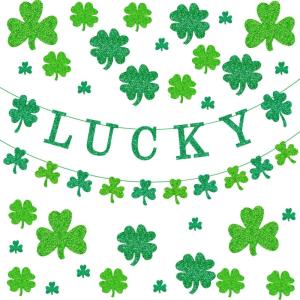 34 Pcs Set de Décorations Saint-Patrick Comprend Bannière de Trèfle à Paillettes Bannière Chanceuse Guirlande de Saint-Patrick en Carton Décorations pour Fournitures de Fête Irlandaise