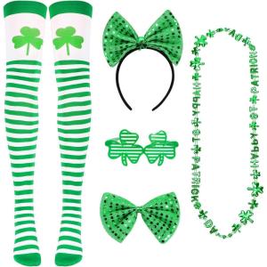 5pcs Accessoires de la Saint-Patrick, Bandeau irlandais de la Saint-Patrick,nœud papillon,chaussette Shamrock, collier,monture de lunettes,fournitures de fête de la Saint-Patrick défilés Costume