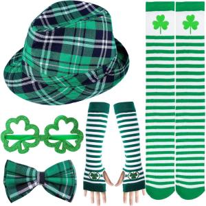 5pcs Accessoires de la Saint-Patrick, Irlandais Saint-Patrick Vert Chapeau Noeud Papillon Shamrock Manches Chaussettes Lunettes, Articles de fête de la Saint-Patrick Costume de cosplay de défilé