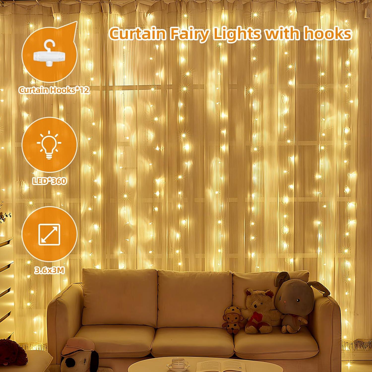 imageJsdoin 360LED Guirlande Lumineuse36x3M USB Rideau Lumineux Noel Intrieur8 Modes Dimmable avec Tlcommande et Minuterie Etanche Guirlande LED Decoration de Nol Mariage Fentre Blanc ChaudBlanc Chaud