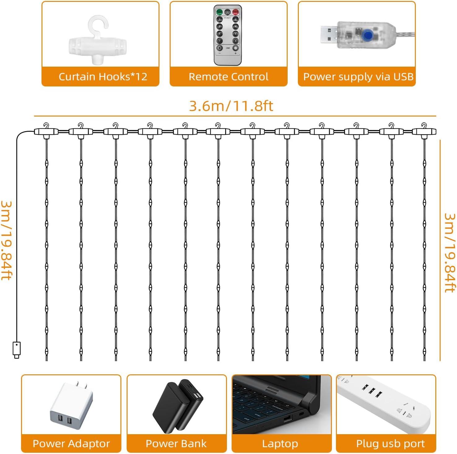 imageJsdoin 360LED Guirlande Lumineuse36x3M USB Rideau Lumineux Noel Intrieur8 Modes Dimmable avec Tlcommande et Minuterie Etanche Guirlande LED Decoration de Nol Mariage Fentre Blanc ChaudBlanc Chaud