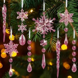 Lot de 16 décorations en cristal pour sapin de Noël – Flocon de neige en acrylique – Gouttes de glace – Décoration d&rsquo;arbre de Noël – Flocons de neige suspendus – Pour Noël, fête, mariage, hiver(Rose)