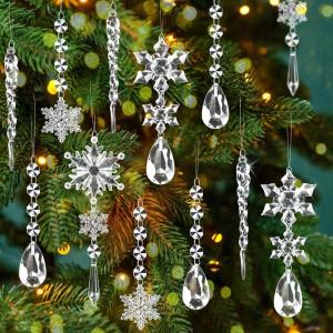 Lot de 16 décorations en cristal pour sapin de Noël – Flocon de neige en acrylique – Gouttes de glace – Décoration d&rsquo;arbre de Noël – Flocons de neige suspendus – Pour Noël, fête, mariage, hiver(Transparent)